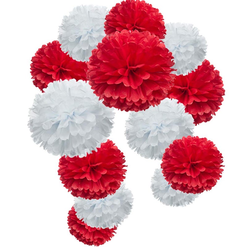 MOWO Red Paper Flower Tissue Pom Poms Party Supplies (red,White,12pc) - Image 1